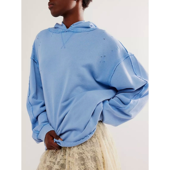 Free People | Everyday Oversized Distressed Hoodie Blue Nwot - Picture 1 of 11